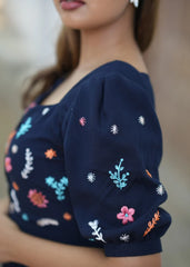 Elegant Navy Blue Floral Dress with Sweetheart Neckline and Puffed Sleeves