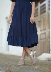 Elegant Navy Blue Floral Dress with Sweetheart Neckline and Puffed Sleeves