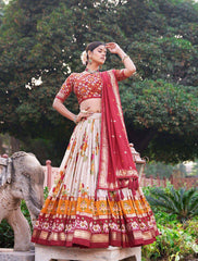 The artistry of Tussar silk and the mesmerizing allure of ikkat Patola prints with this exquisite lehenga choli