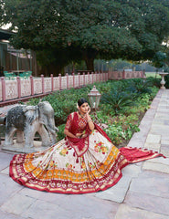 The artistry of Tussar silk and the mesmerizing allure of ikkat Patola prints with this exquisite lehenga choli