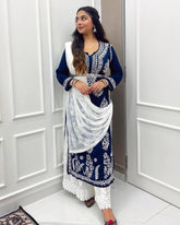 Blue Heavy Work Rayon Top With Botton And Dupatta Set