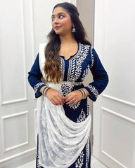 Blue Heavy Work Rayon Top With Botton And Dupatta Set