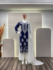 Blue Heavy Work Rayon Top With Botton And Dupatta Set