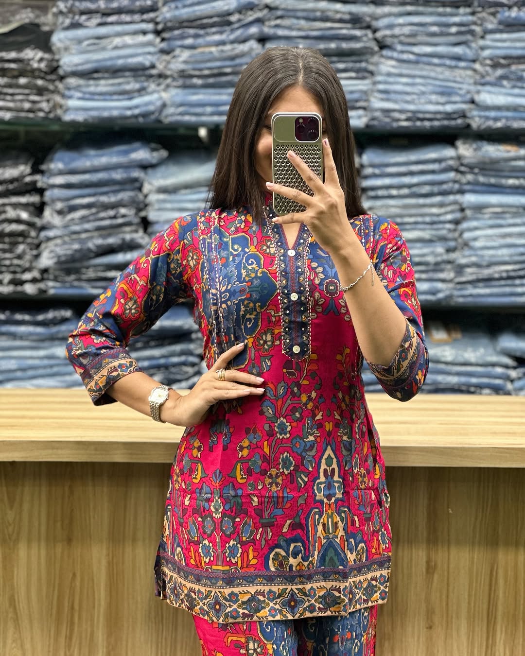 Printed Asymmetric Red And Blue Rayon Co-Ord Set