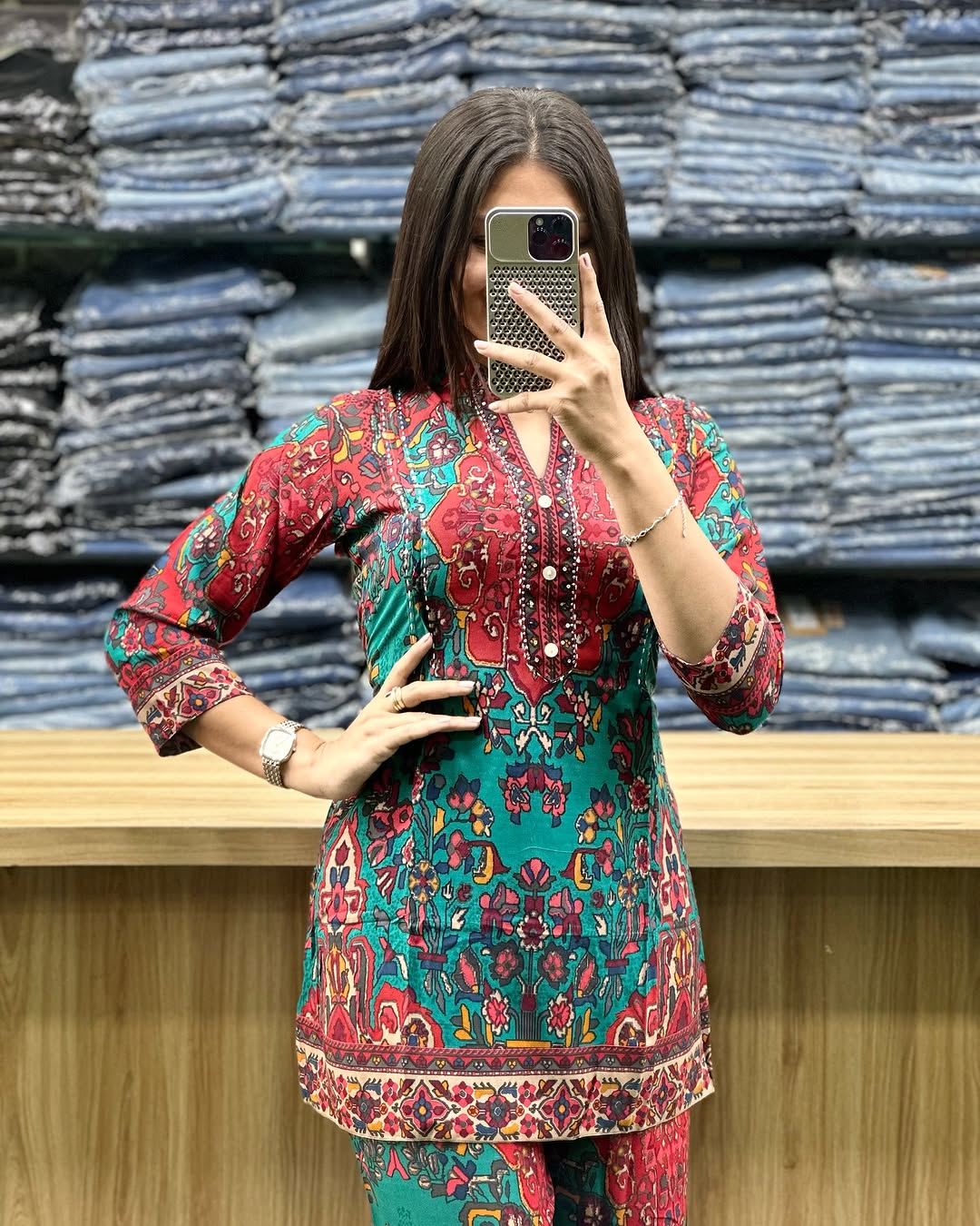 Printed Asymmetric Green And Red Rayon Co-Ord Set