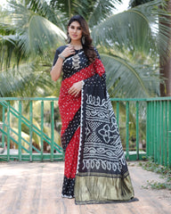 New Premium And High Quality Comfortable Bandhej Silk Drapes That is Super Stylish And Pretty Red And Black Saree