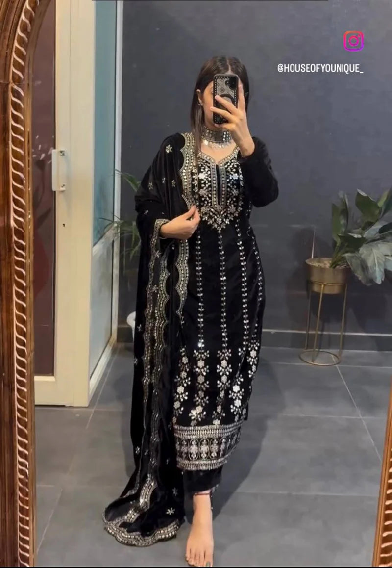 New Velvet Top -Pent Dupatta Set Fully Stitched Ready To Wear