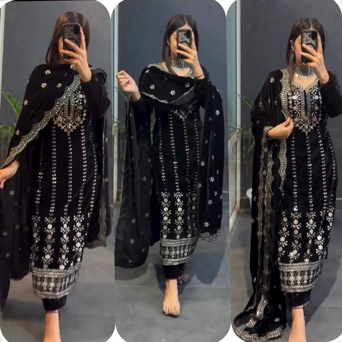 New Velvet Top -Pent Dupatta Set Fully Stitched Ready To Wear