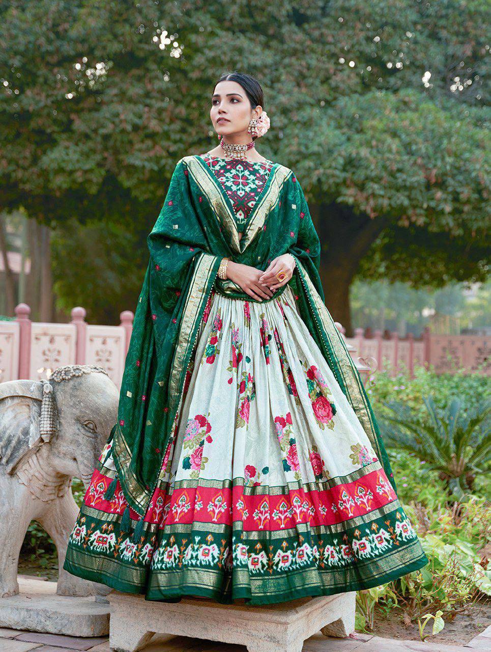 The artistry of Tussar silk and the mesmerizing allure of ikkat Patola prints with this exquisite lehenga choli