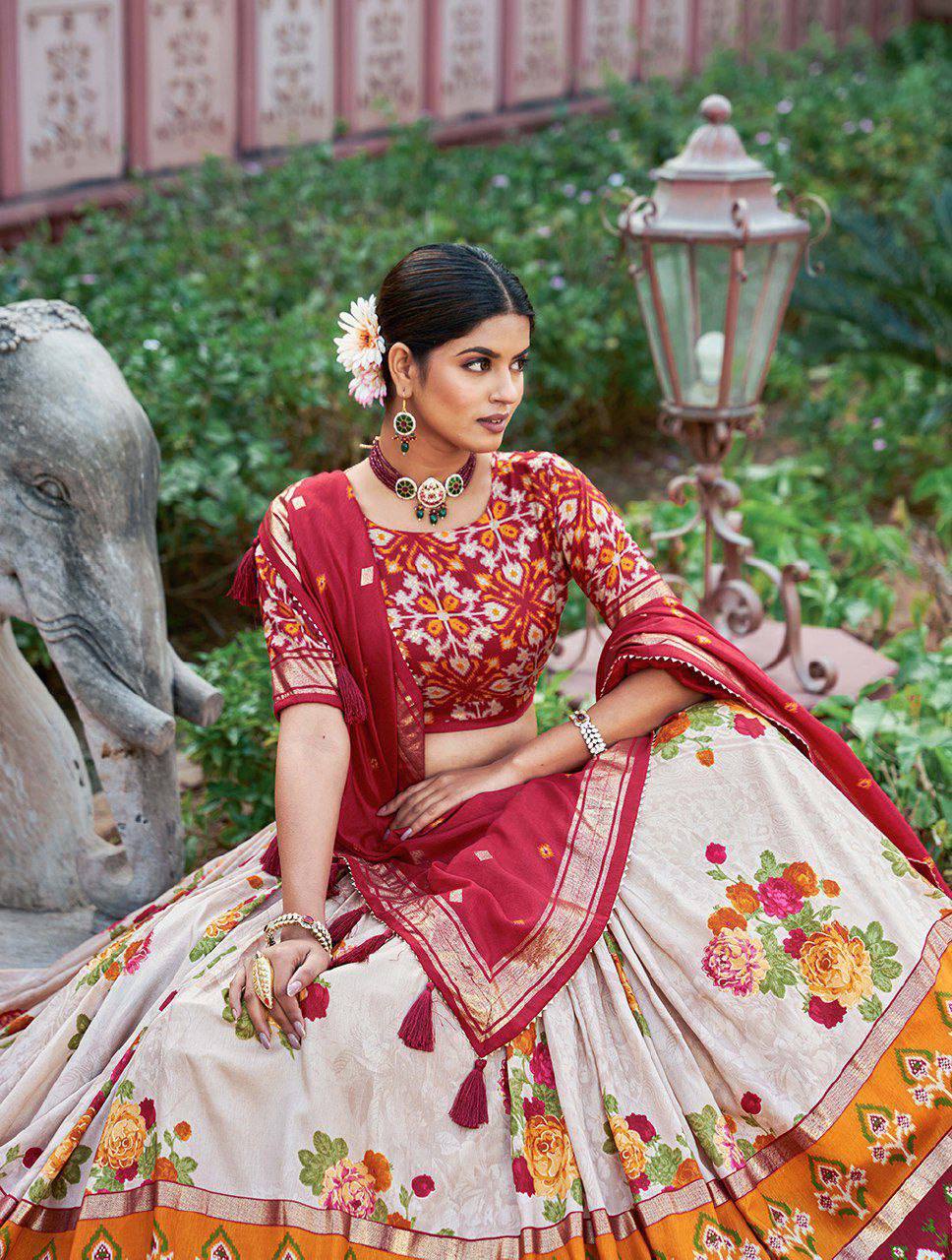 The artistry of Tussar silk and the mesmerizing allure of ikkat Patola prints with this exquisite lehenga choli