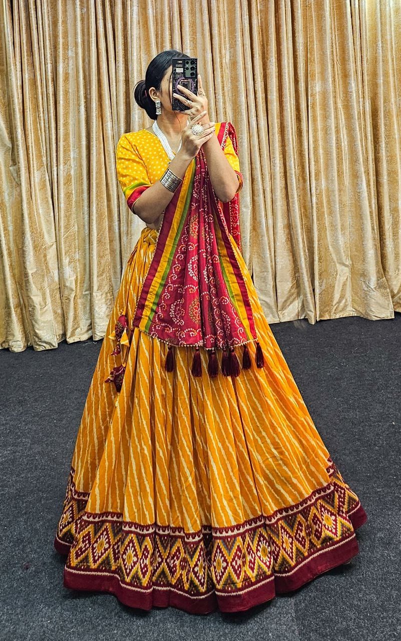 Leheriya Print Tussar Silk Lehenga Choli with Patola Border & Bandhani Dupatta