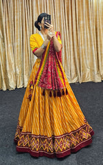Leheriya Print Tussar Silk Lehenga Choli with Patola Border & Bandhani Dupatta