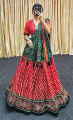 Leheriya Print Tussar Silk Lehenga Choli with Patola Border & Bandhani Dupatta