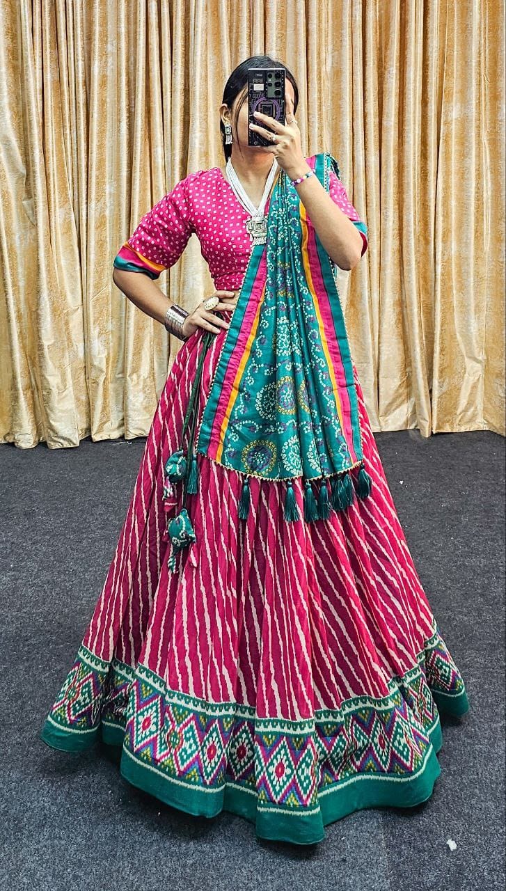 Leheriya Print Tussar Silk Lehenga Choli with Patola Border & Bandhani Dupatta