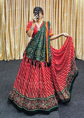 Leheriya Print Tussar Silk Lehenga Choli with Patola Border & Bandhani Dupatta