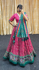 Leheriya Print Tussar Silk Lehenga Choli with Patola Border & Bandhani Dupatta