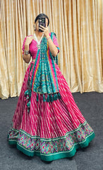 Leheriya Print Tussar Silk Lehenga Choli with Patola Border & Bandhani Dupatta