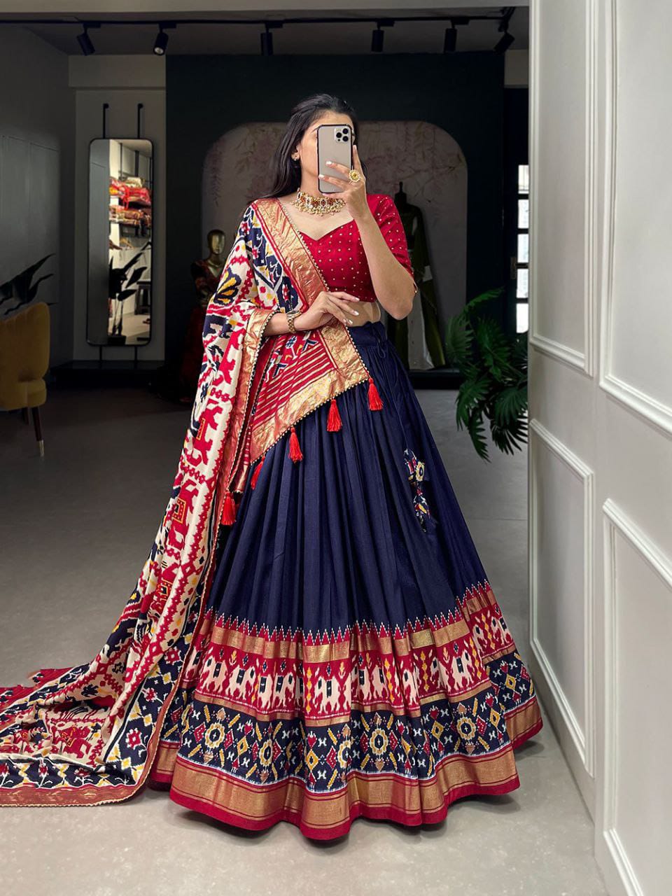 Tussar Silk Lehenga For Patola Print With Foil Work