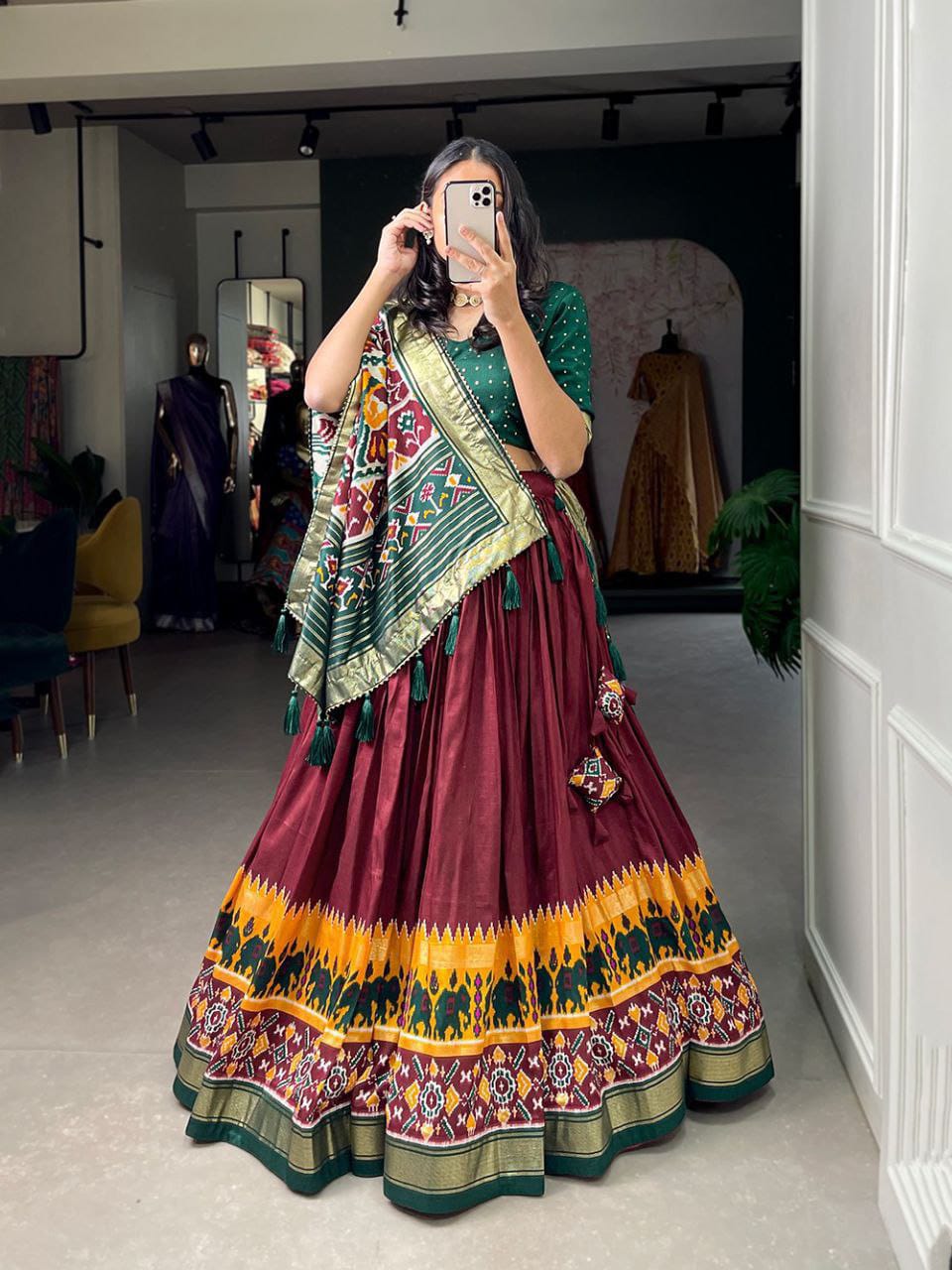 Tussar silk lehenga for Patola Print With foil work