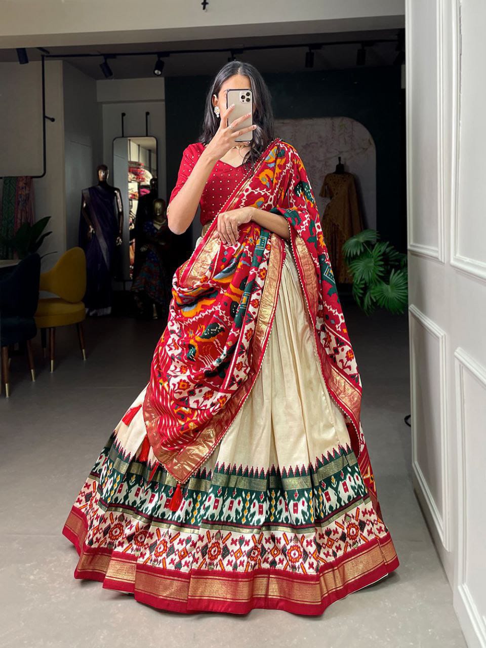 Tussar Silk Lehenga For Patola Print With Foil Work