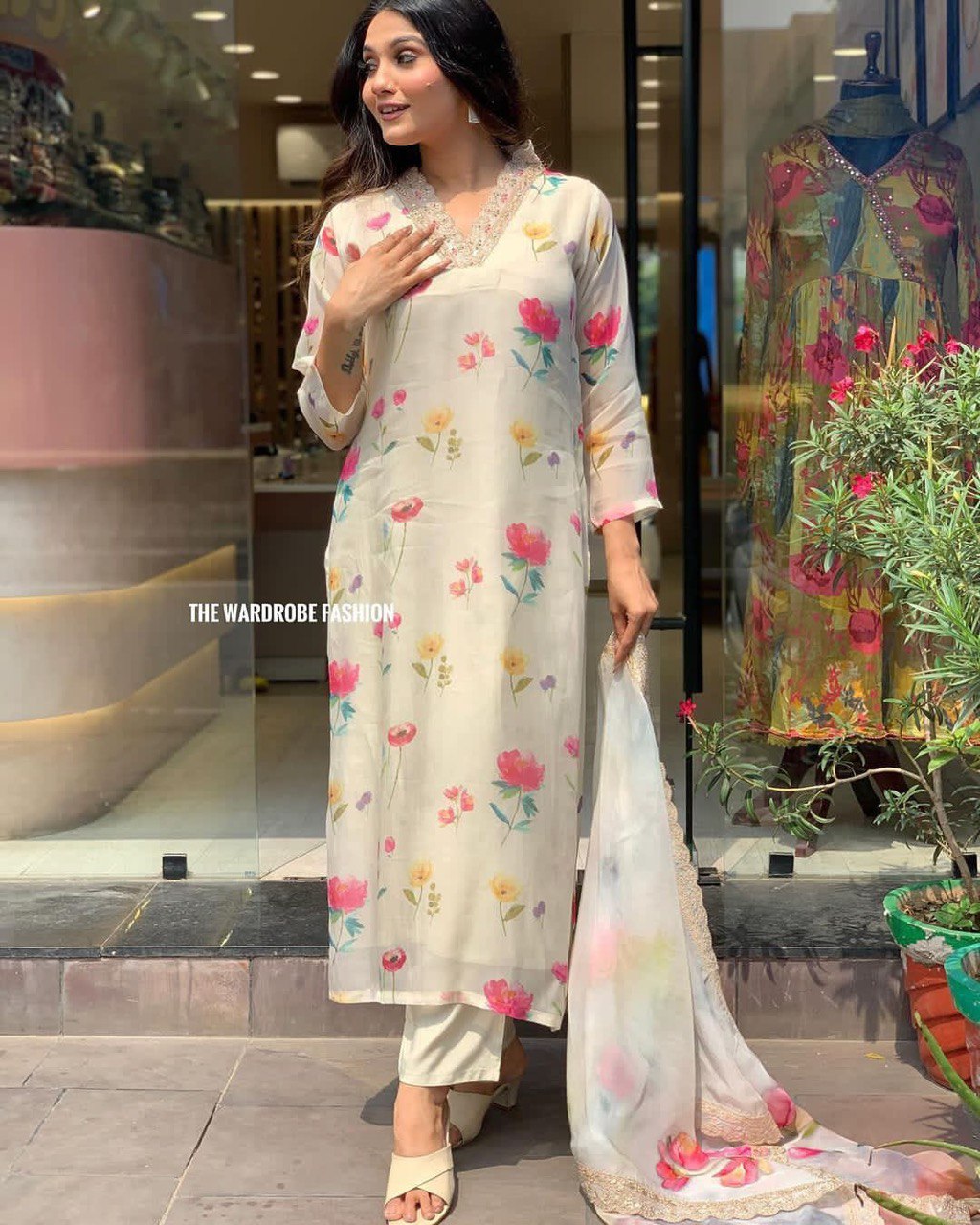 Heavy Organza Suit Set with Matching Pants and Embroidered Dupatta