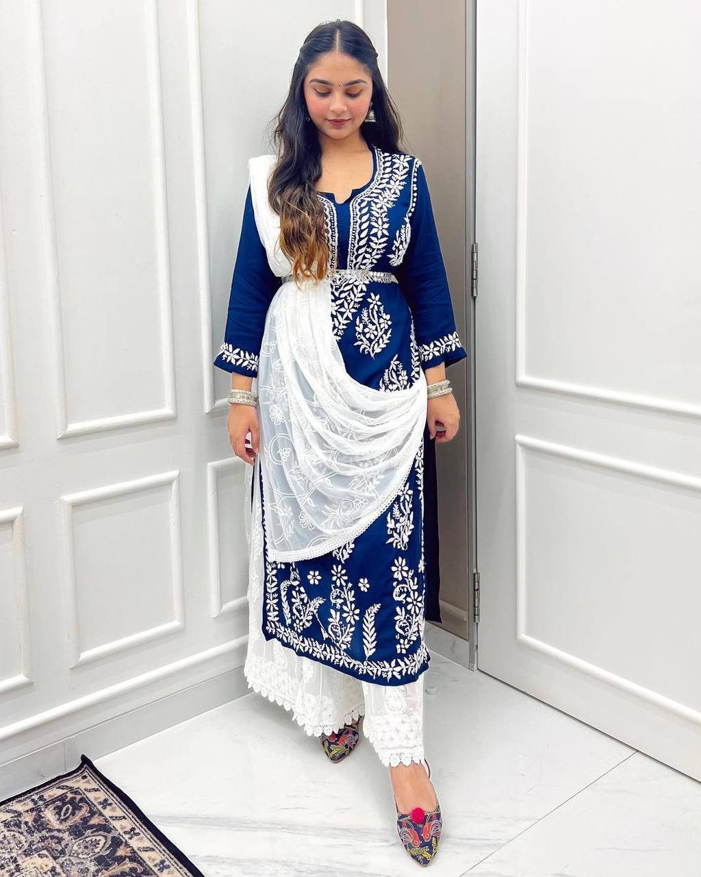Blue Heavy Work Rayon Top With Botton And Dupatta Set