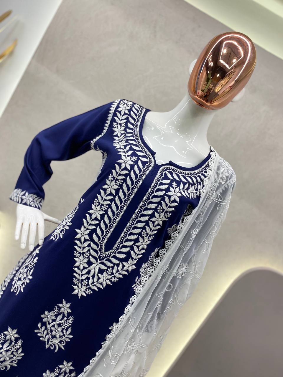 Blue Heavy Work Rayon Top With Botton And Dupatta Set