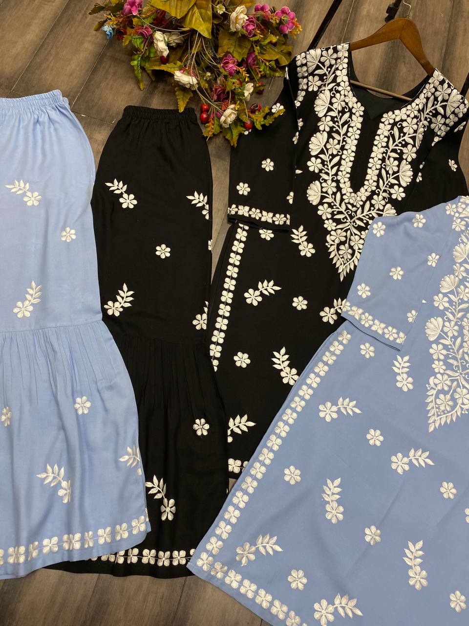 Blue Chikankari Kurta With Sharara Set