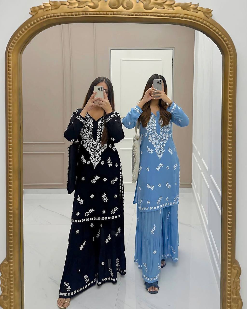 Blue Chikankari Kurta With Sharara Set