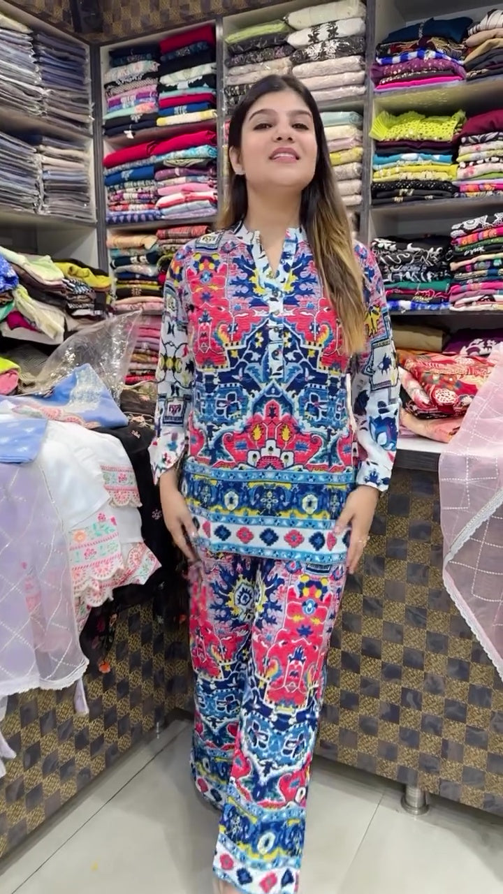 Printed Blue Ajrak Top With Palazzo Set